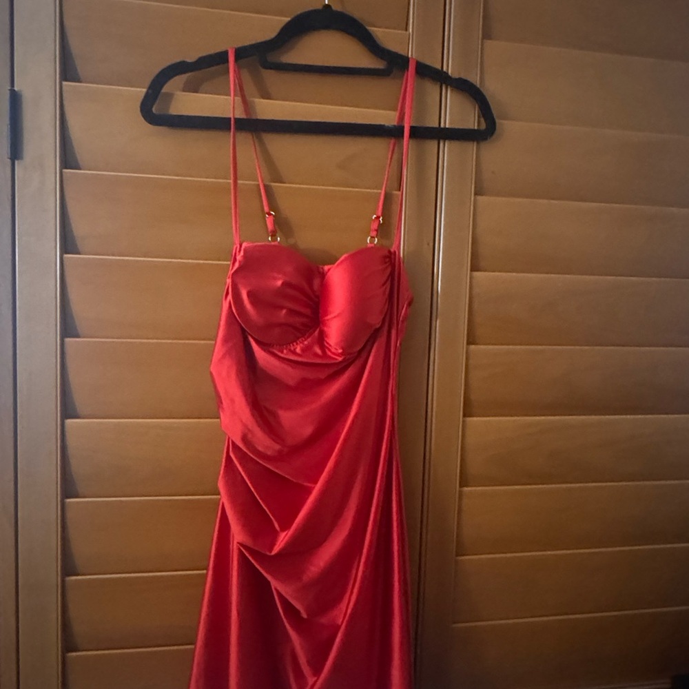 Red Ruched Spaghetti Strap Slip Dress - Picture 2 of 3